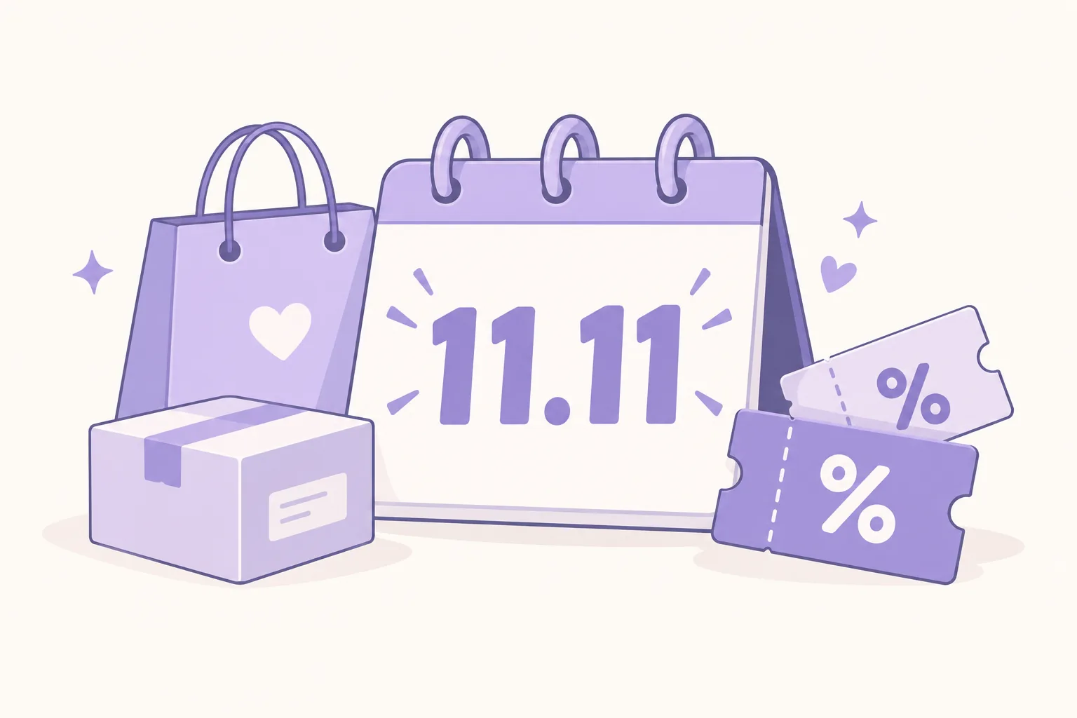 Calendrier du 11.11, sac de shopping, colis et coupons dans des tons lavande