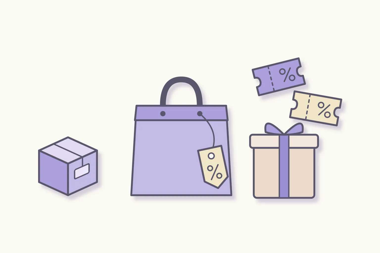 Sac de shopping avec étiquette de prix, paquet cadeau avec ruban, colis et coupons de réduction