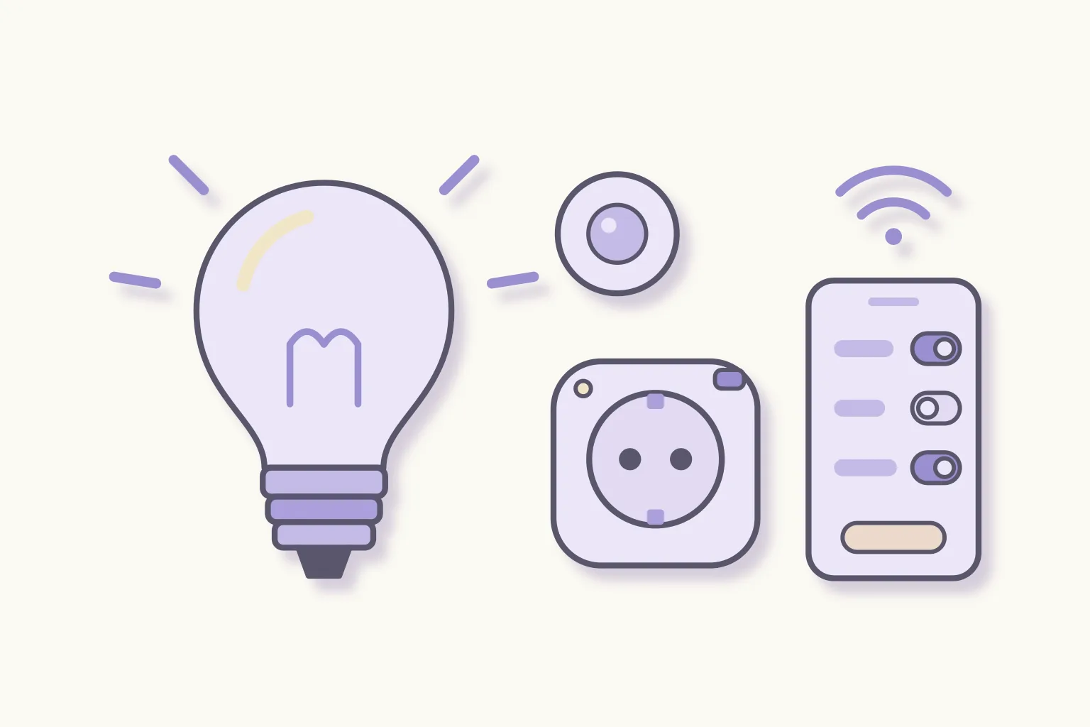 Ampoule connectée allumée, prise connectée, petit capteur et téléphone avec l'appli pour les piloter